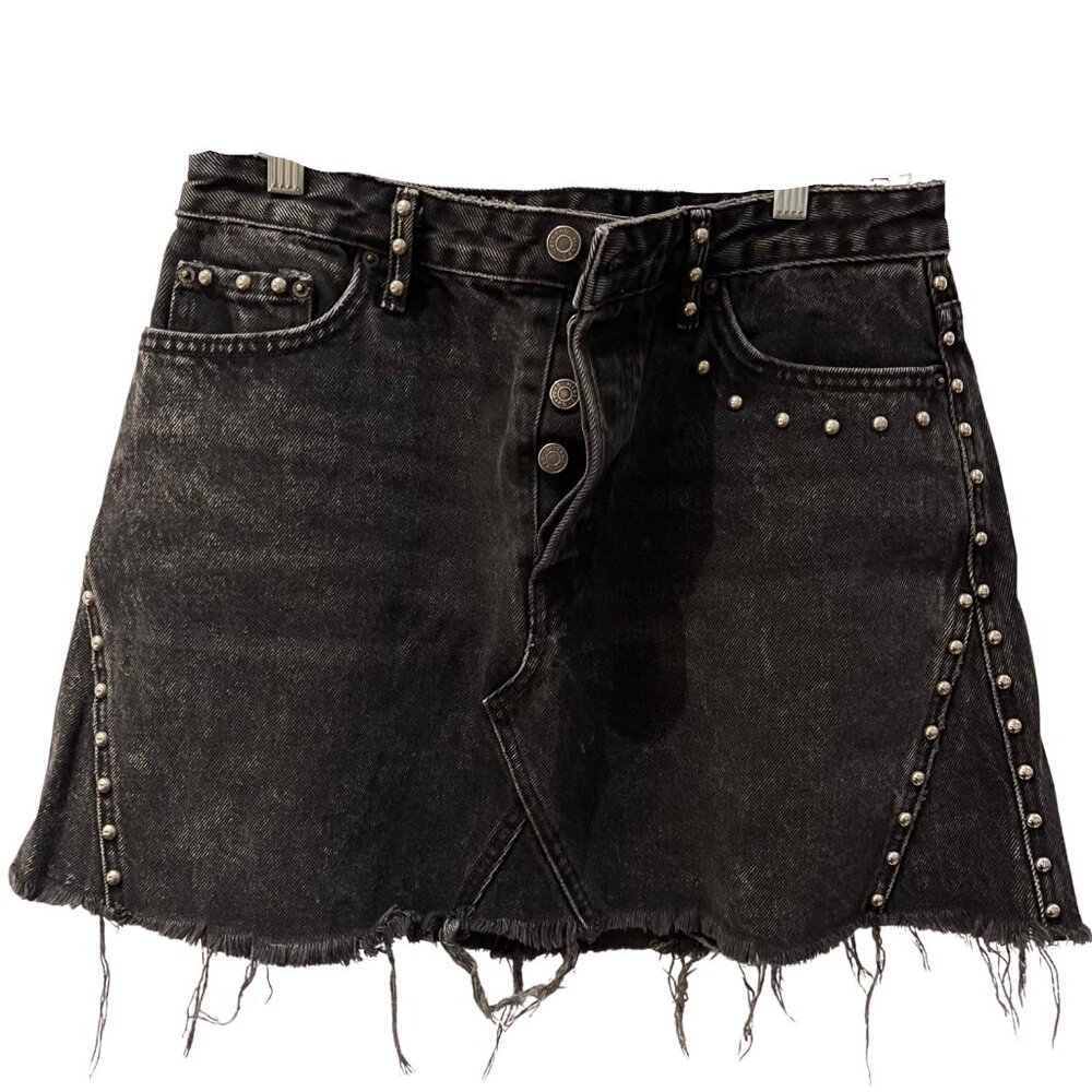 GRLFRND EVA STUDDED AND GUSSET A-FRAME BLACK DENIM MINI SKIRT, RAW EDGE, SIZE 29 - Picture 2 of 13